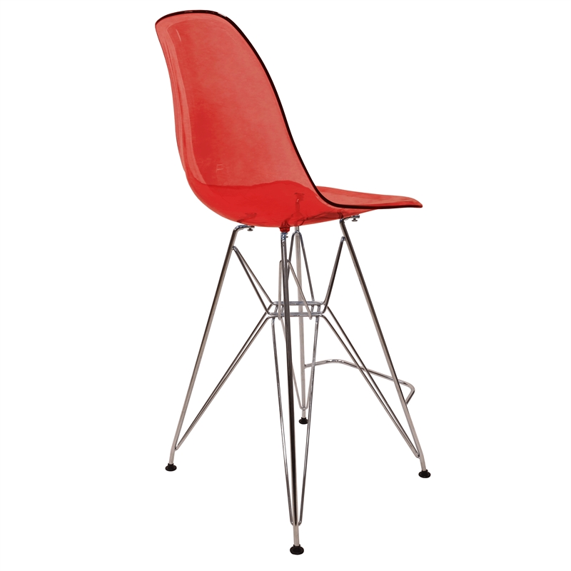 LeisureMod Cresco Plastic Barstool with Chrome Base Transparent Red
