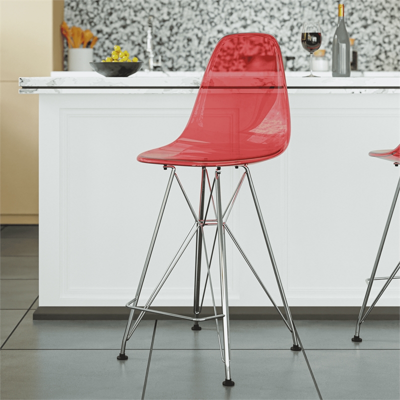 LeisureMod Cresco Plastic Barstool with Chrome Base Transparent Red