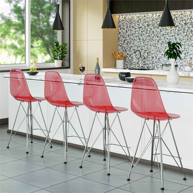 LeisureMod Cresco Plastic Barstool with Chrome Base Transparent Red