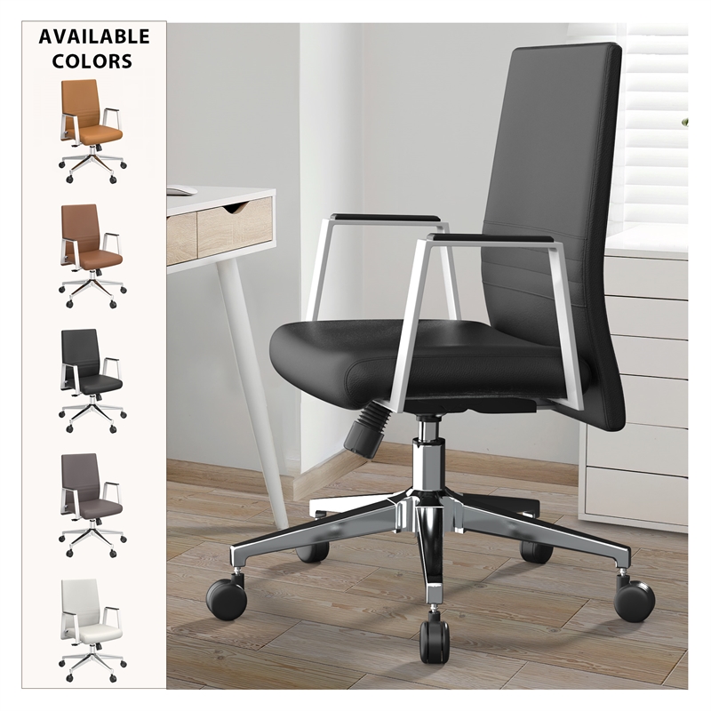 LeisureMod Aleen Upholstered Faux Leather & Iron Swivel Office Chair in Black