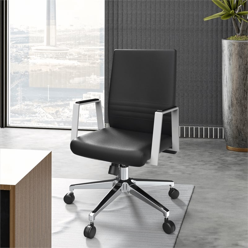 LeisureMod Aleen Upholstered Faux Leather & Iron Swivel Office Chair in Black