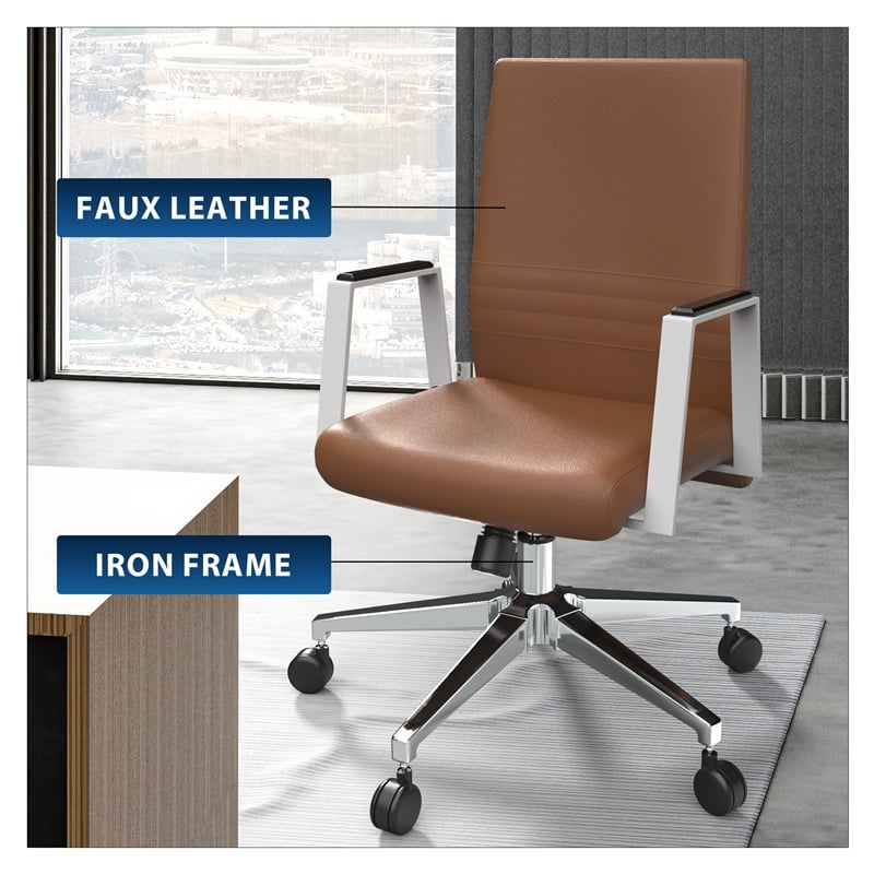 LeisureMod Aleen Upholstered Faux Leather/Iron Swivel Office Chair in Dark Brown