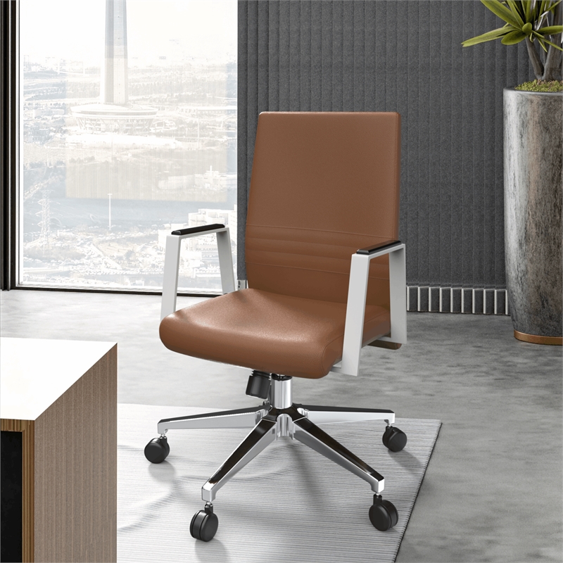 LeisureMod Aleen Upholstered Faux Leather/Iron Swivel Office Chair in Dark Brown