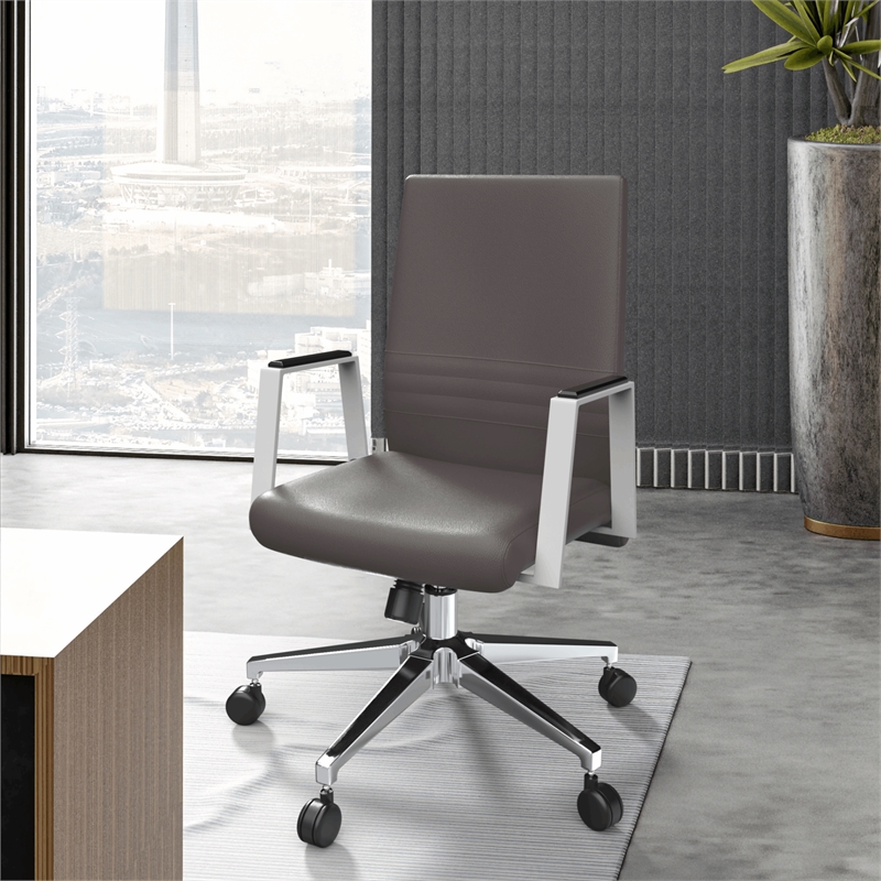 LeisureMod Aleen Upholstered Faux Leather & Iron Swivel Office Chair in Gray