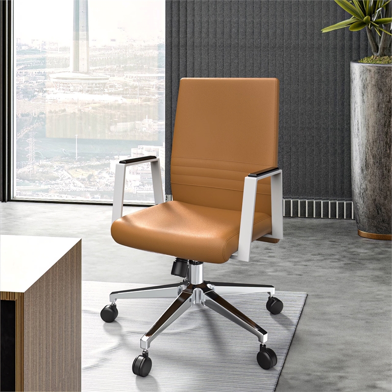LeisureMod Aleen Upholstered Faux Leather Swivel Office Chair in Acorn Brown
