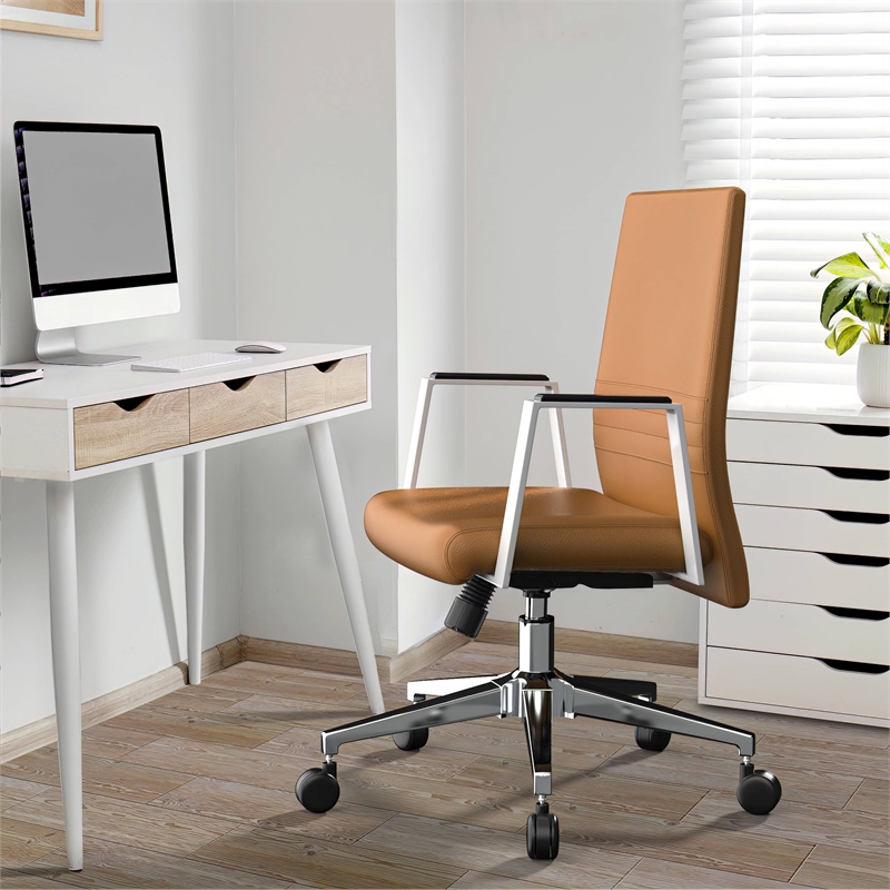 LeisureMod Aleen Upholstered Faux Leather Swivel Office Chair in Acorn Brown