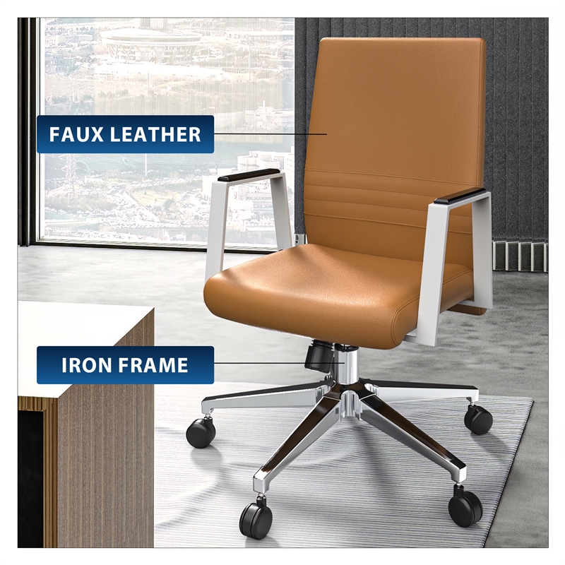 LeisureMod Aleen Upholstered Faux Leather Swivel Office Chair in Acorn Brown