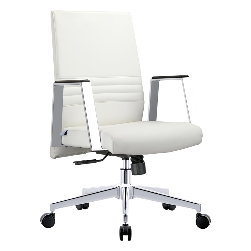 LeisureMod Aleen Upholstered Faux Leather & Iron Swivel Office Chair in White