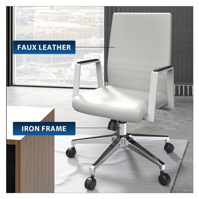 LeisureMod Aleen Upholstered Faux Leather & Iron Swivel Office Chair in White