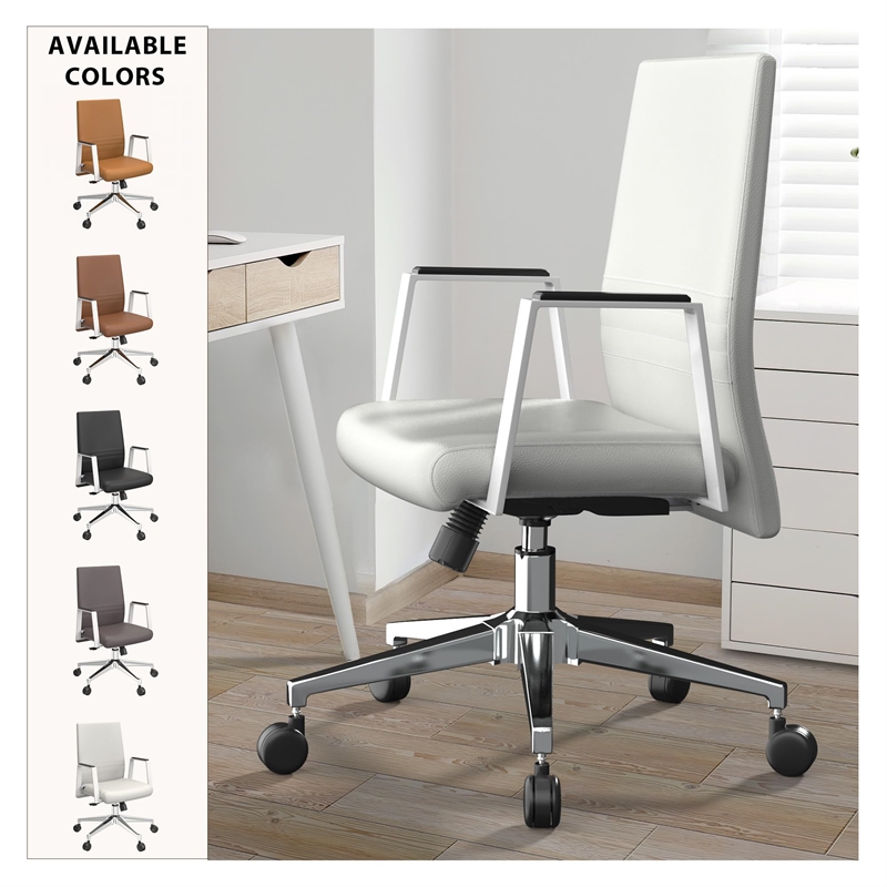 LeisureMod Aleen Upholstered Faux Leather & Iron Swivel Office Chair in White