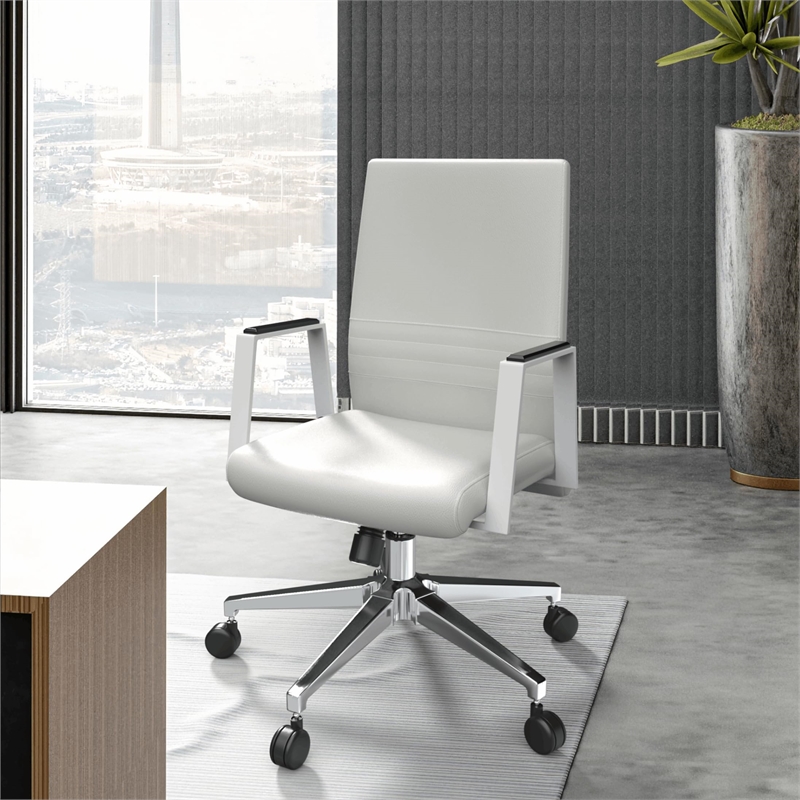 LeisureMod Aleen Upholstered Faux Leather & Iron Swivel Office Chair in White