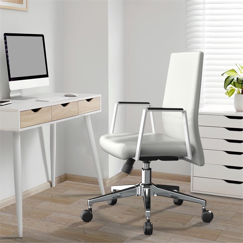 LeisureMod Aleen Upholstered Faux Leather & Iron Swivel Office Chair in White