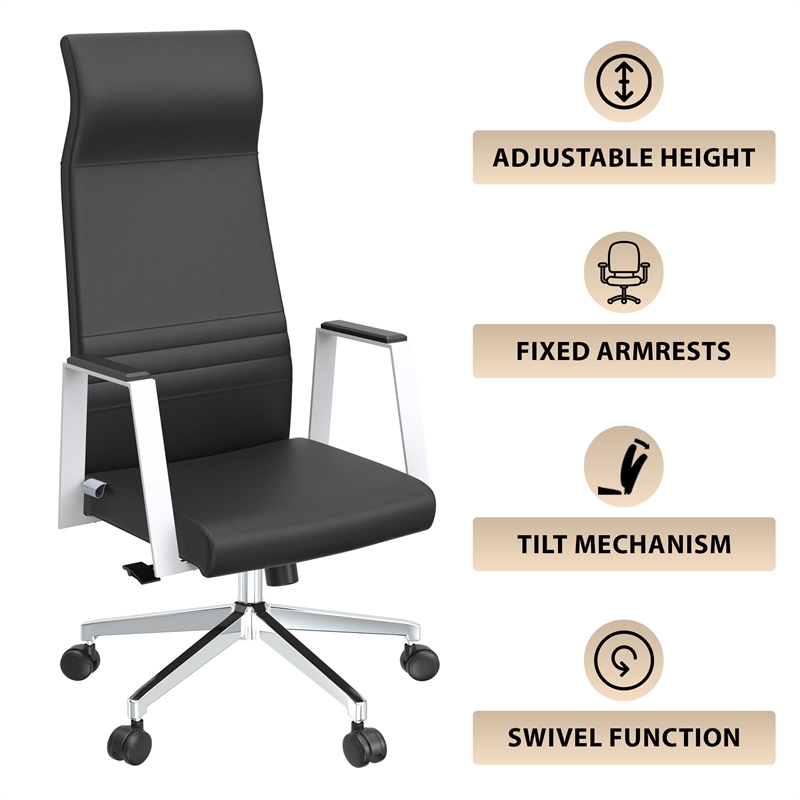 LeisureMod Aleen High-Back Faux Leather & Iron Swivel Office Chair in Black