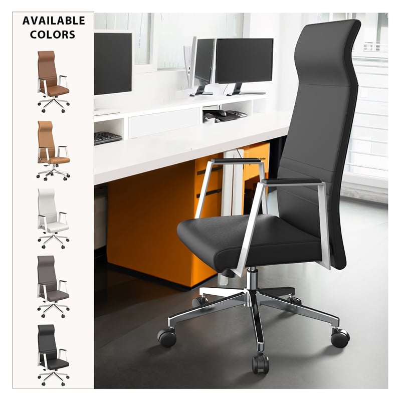 LeisureMod Aleen High-Back Faux Leather & Iron Swivel Office Chair in Black