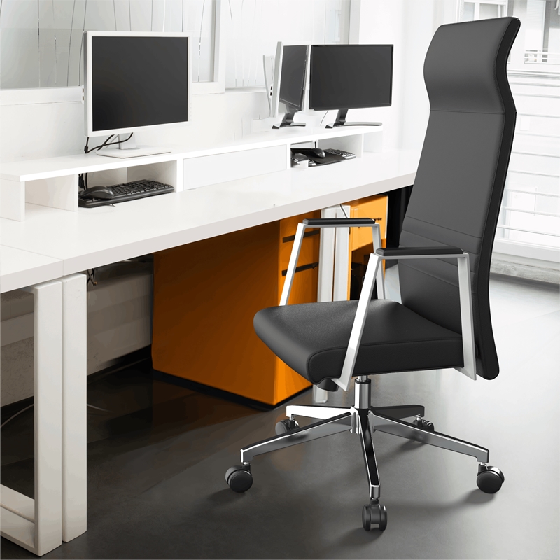 LeisureMod Aleen High-Back Faux Leather & Iron Swivel Office Chair in Black