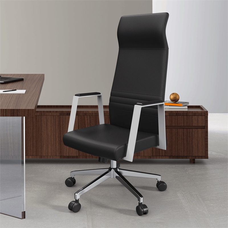 LeisureMod Aleen High-Back Faux Leather & Iron Swivel Office Chair in Black