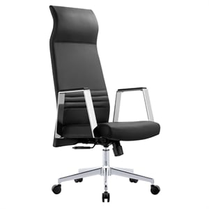 LeisureMod Aleen High-Back Faux Leather & Iron Swivel Office Chair in Black