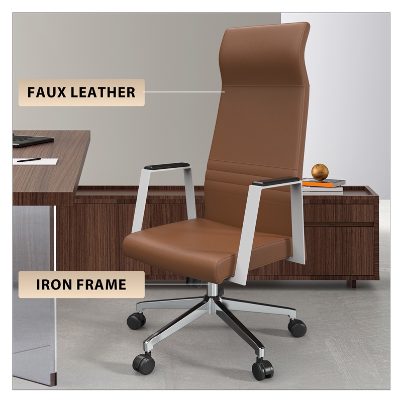 LeisureMod Aleen High-Back Faux Leather Swivel Office Chair in Dark Brown
