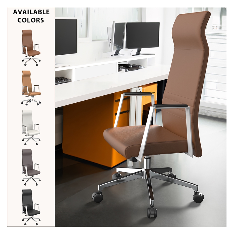 LeisureMod Aleen High-Back Faux Leather Swivel Office Chair in Dark Brown