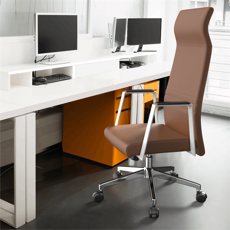 LeisureMod Aleen High-Back Faux Leather Swivel Office Chair in Dark Brown