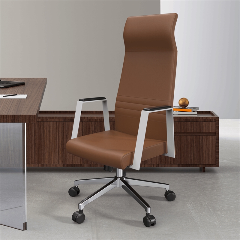 LeisureMod Aleen High-Back Faux Leather Swivel Office Chair in Dark Brown