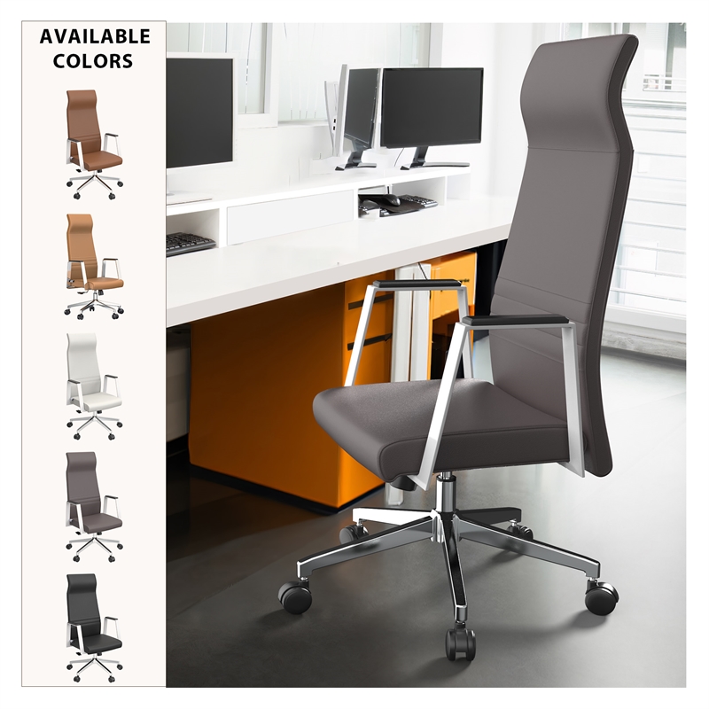 LeisureMod Aleen High-Back Faux Leather & Iron Swivel Office Chair in Gray