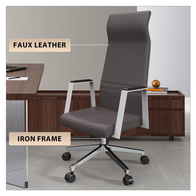 LeisureMod Aleen High-Back Faux Leather & Iron Swivel Office Chair in Gray