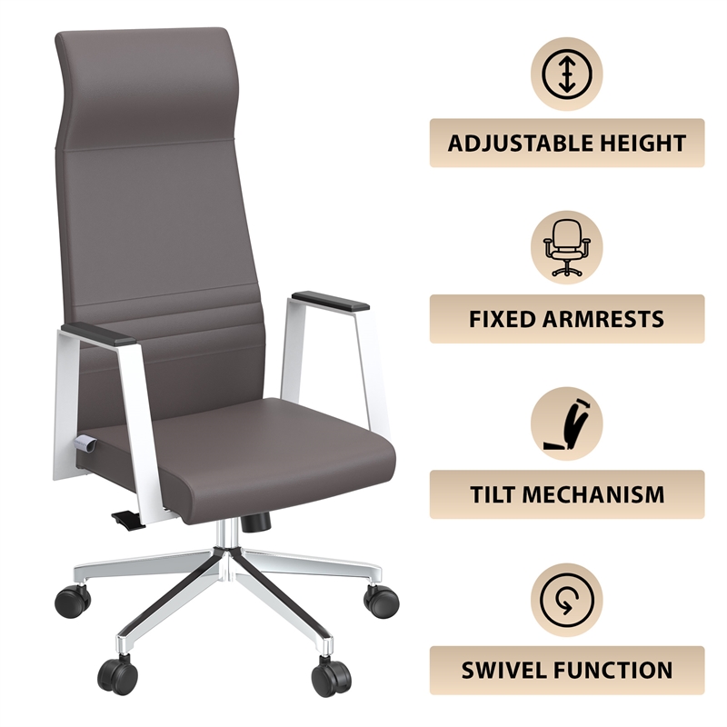 LeisureMod Aleen High-Back Faux Leather & Iron Swivel Office Chair in Gray