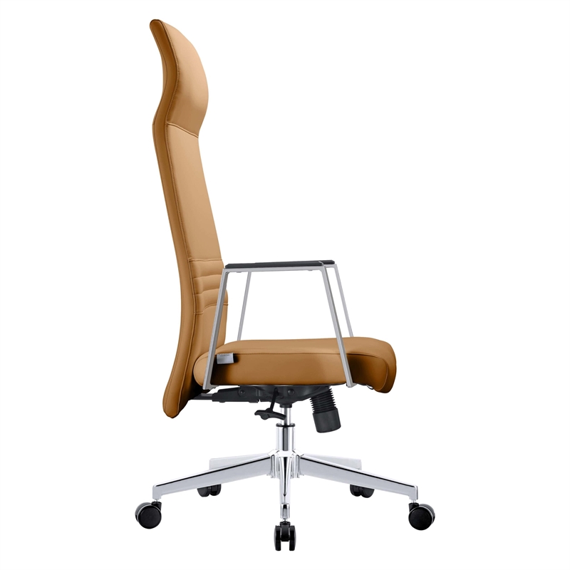 LeisureMod Aleen High-Back Faux Leather/Iron Swivel Office Chair in Acorn Brown