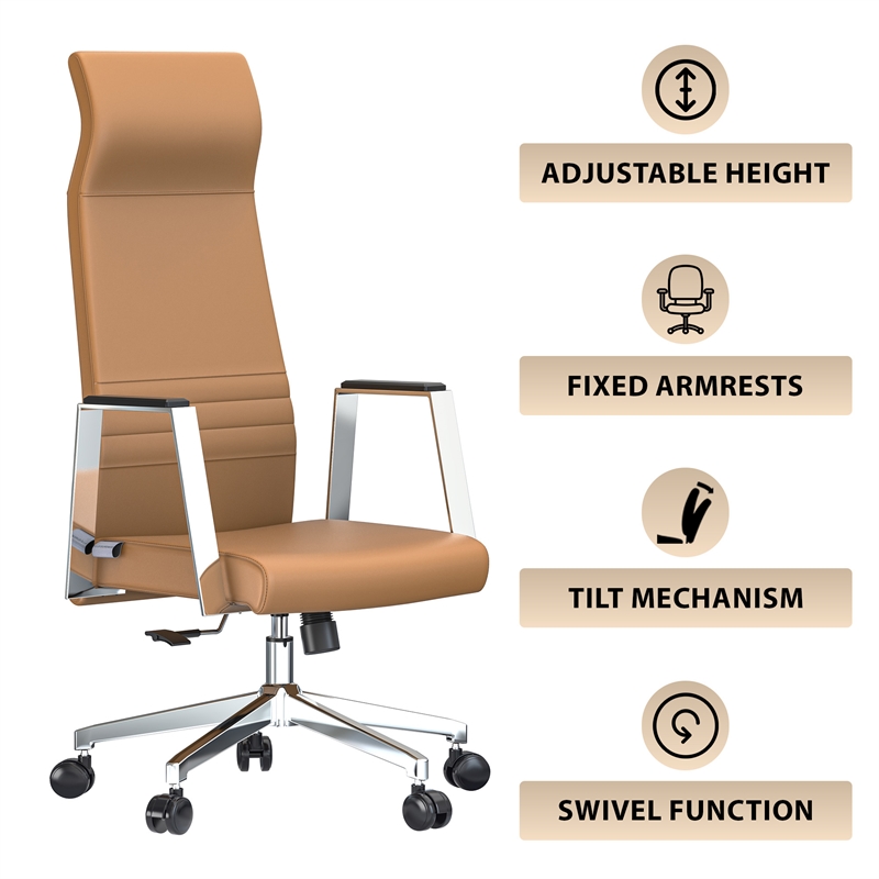 LeisureMod Aleen High-Back Faux Leather/Iron Swivel Office Chair in Acorn Brown