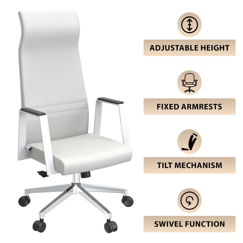LeisureMod Aleen High-Back Faux Leather & Iron Swivel Office Chair in White