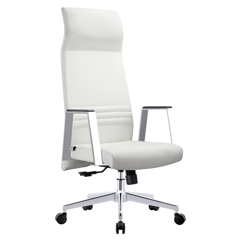 LeisureMod Aleen High-Back Faux Leather & Iron Swivel Office Chair in White