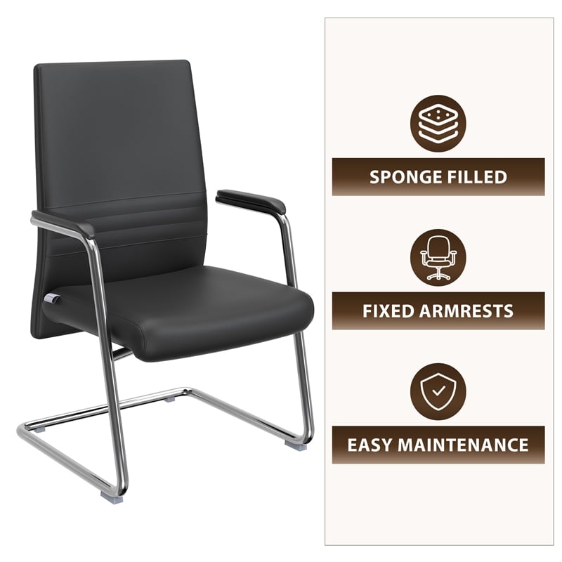 LeisureMod Aleen Leather & Metal Office Chair with Fixed Armrest in Black/Silver