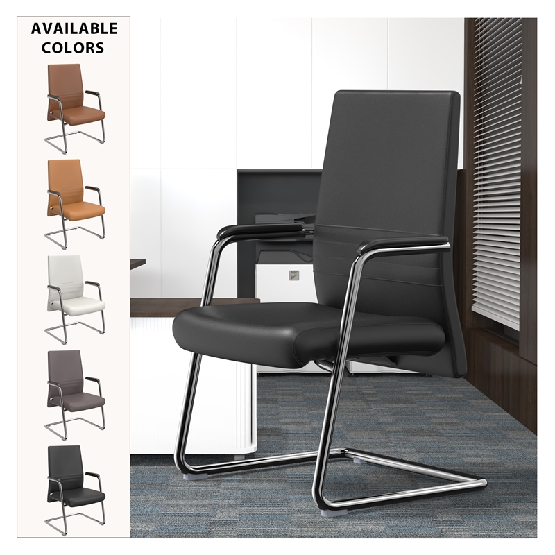 LeisureMod Aleen Leather & Metal Office Chair with Fixed Armrest in Black/Silver