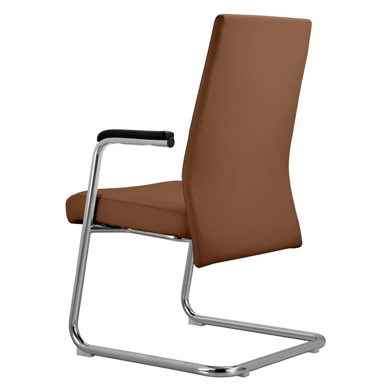 LeisureMod Aleen Leather & Metal Office Chair with Fixed Armrest in Dark Brown