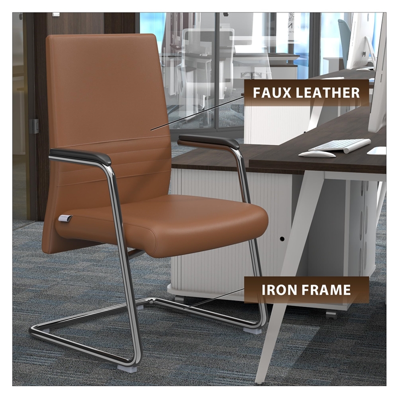LeisureMod Aleen Leather & Metal Office Chair with Fixed Armrest in Dark Brown