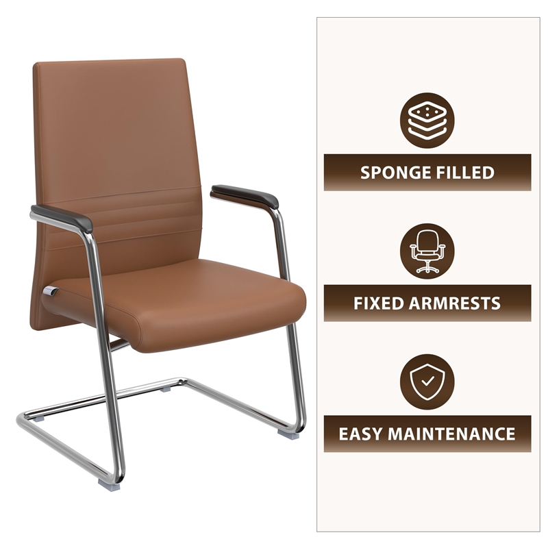 LeisureMod Aleen Leather & Metal Office Chair with Fixed Armrest in Dark Brown