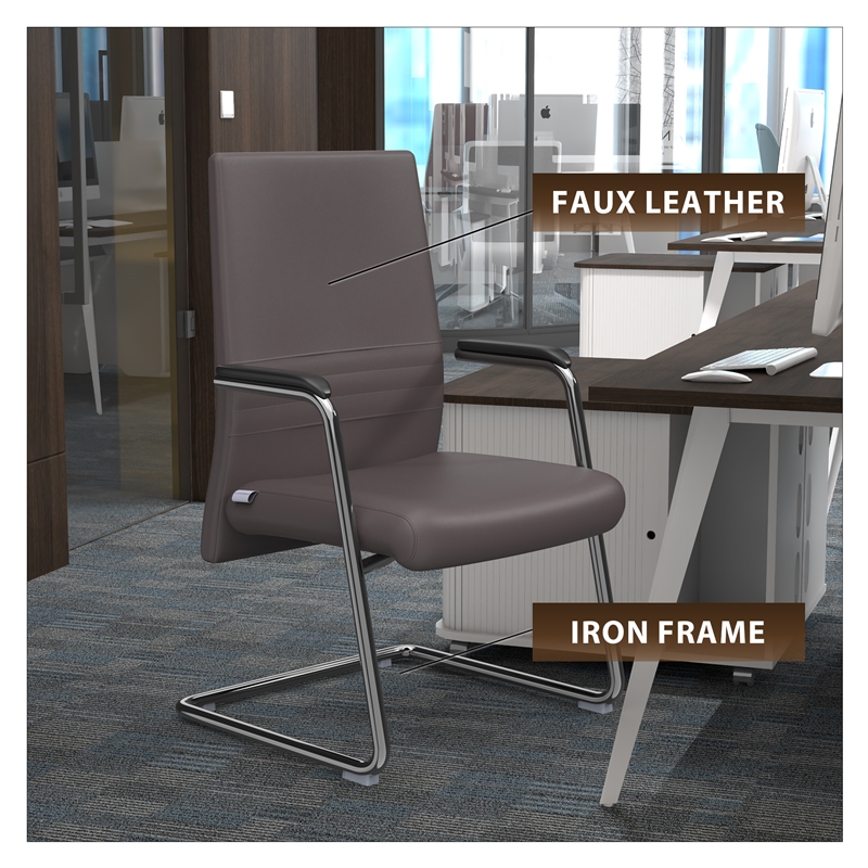 LeisureMod Aleen Leather & Metal Office Chair with Fixed Armrest in Gray