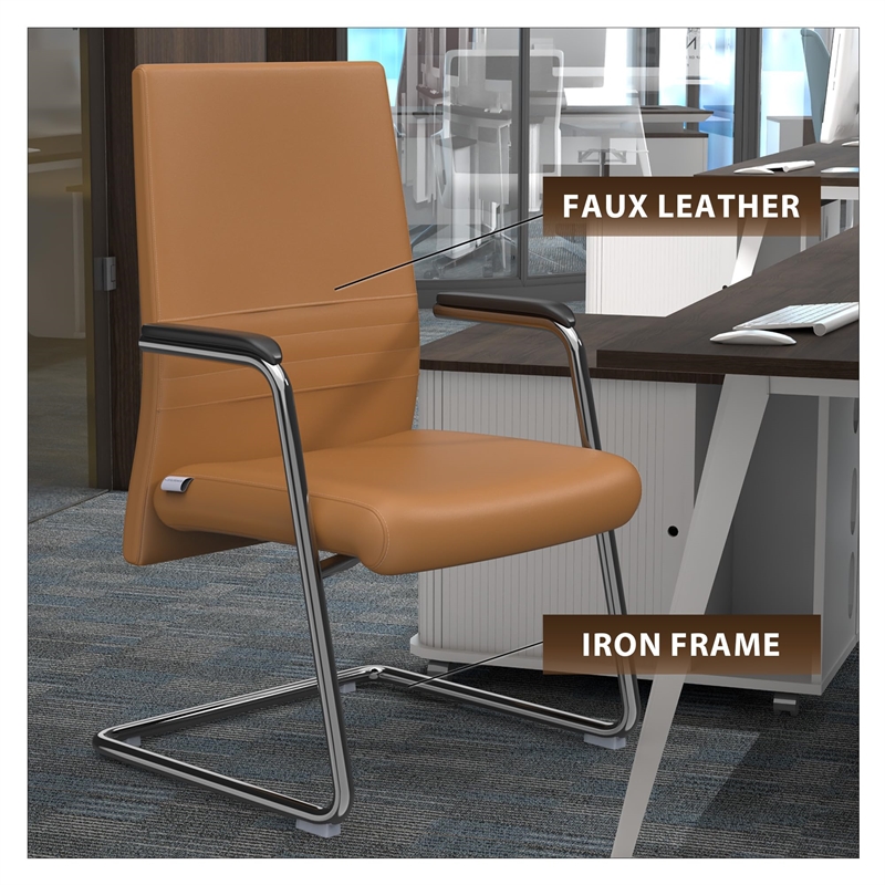 LeisureMod Aleen Leather & Metal Office Chair with Armrest in Acorn Brown