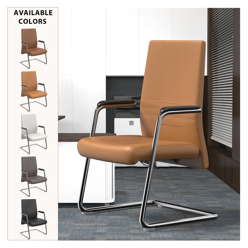 LeisureMod Aleen Leather & Metal Office Chair with Armrest in Acorn Brown
