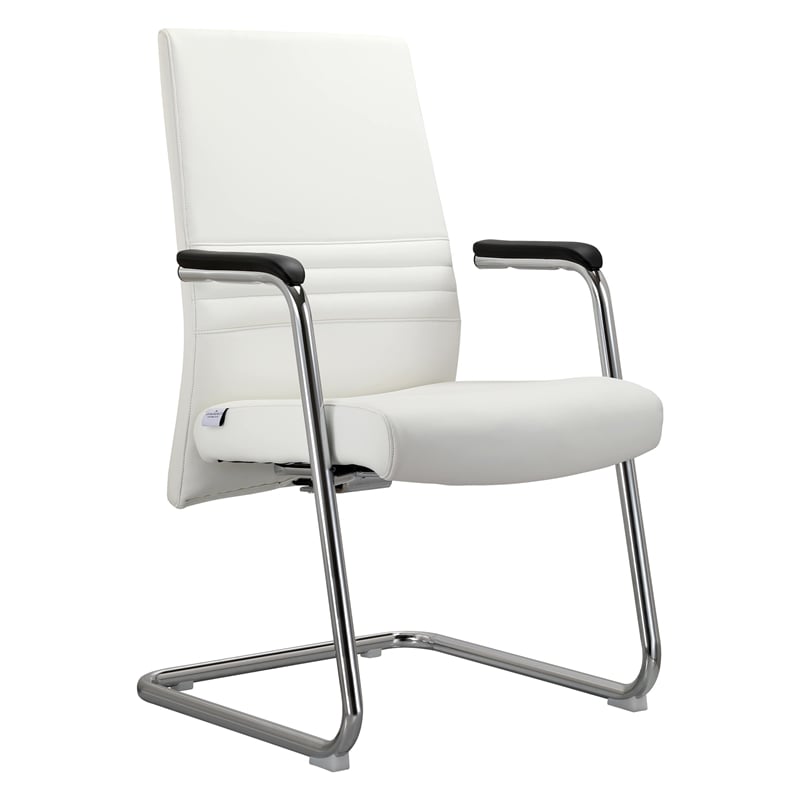 LeisureMod Aleen Leather & Metal Office Chair with Fixed Armrest in White