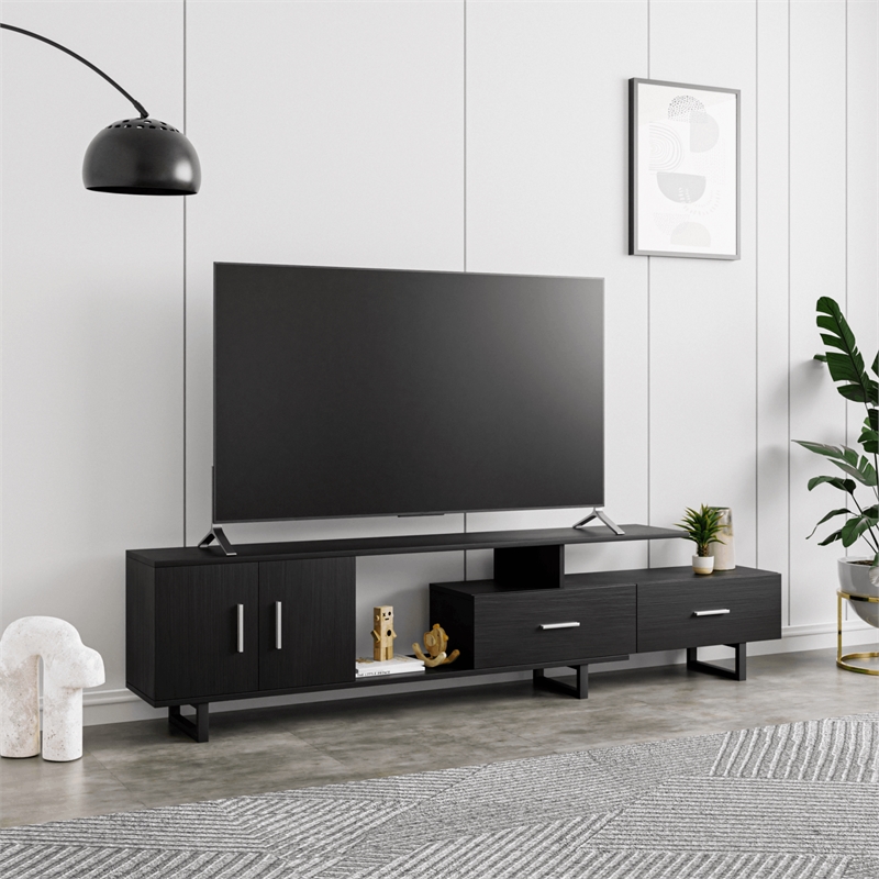 LeisureMod Avery Modern TV Stand with MDF Cabinet and Steel Legs Ebony