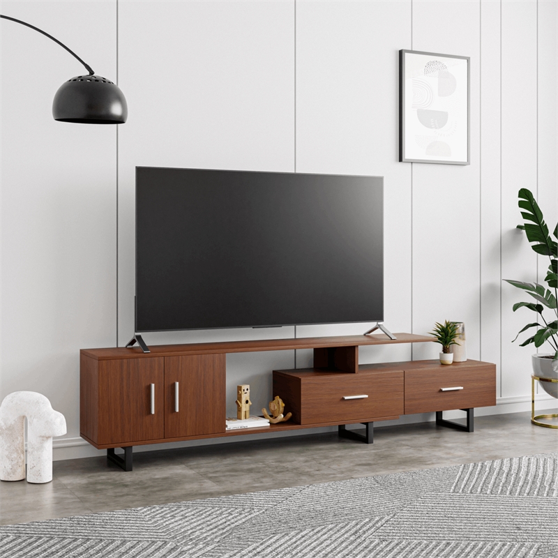 LeisureMod Avery Modern TV Stand with MDF Cabinet and Steel Legs Walnut