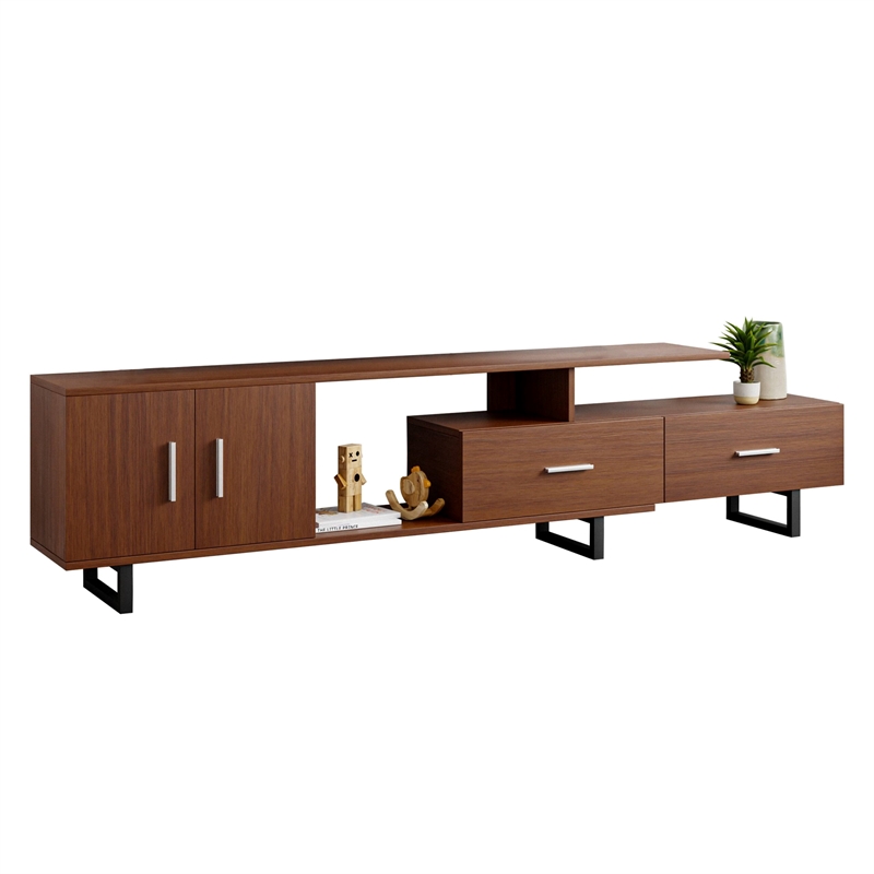 LeisureMod Avery Modern TV Stand with MDF Cabinet and Steel Legs Walnut