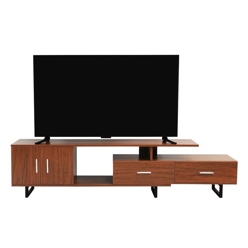 LeisureMod Avery Modern TV Stand with MDF Cabinet and Steel Legs Walnut