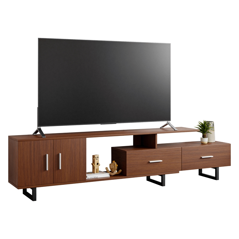 LeisureMod Avery Modern TV Stand with MDF Cabinet and Steel Legs Walnut