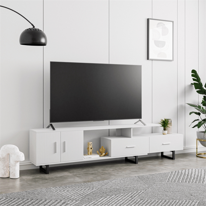 LeisureMod Avery Modern TV Stand with MDF Cabinet and Steel Legs White