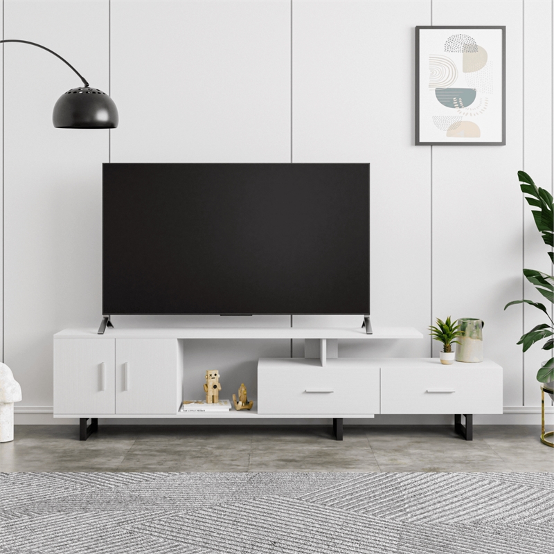 LeisureMod Avery Modern TV Stand with MDF Cabinet and Steel Legs White