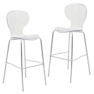 LeisureMod Oyster Plastic Barstool with Steel Frame Set of 2 Clear