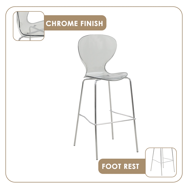 LeisureMod Oyster Plastic Barstool with Steel Frame Set of 2 Smoke